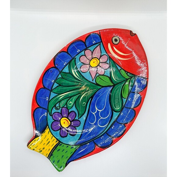 Vintage Handmade Talavera Terracotta Fish Serving Platter Plate Hand Painted - Picture 1 of 9